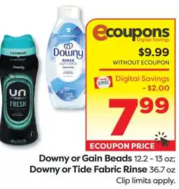 Weis Markets Downy or Gain Beads 12.2-13 oz Downy or Tide Fabric Rinse 36.7 oz offer