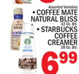 C Town COFFEE MATE NATURAL BLISS 32 Oz. Btl., STARBUCKS COFFEE CREAMER 28 Oz. Btl offer
