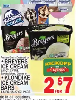 C Town BREYERS ICE CREAM 1.5 QT. CNTRS. Sandwiches, Cones or KLONDIKE ICE CREAM BARS offer