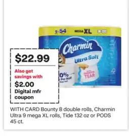 CVS Bounty 8 double rolls, Charmin Ultra 9 mega XL rolls, Tide 132 oz or PODS 45 ct offer