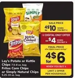 Safeway Lay's Potato or Kettle Chips, Fritos Corn Chips, Simply Natural Chips offer