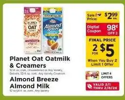 ShopRite Planet Oat Oatmilk & Creamers, Almond Breeze Almond Milk offer