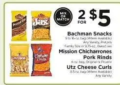 ShopRite Bachman Snacks, Mission Chicharrones Pork Rinds, Utz Cheese Curls offer