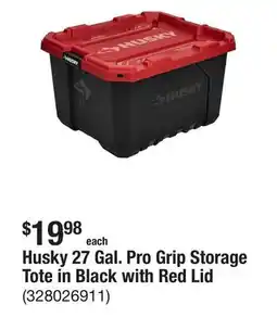 The Home Depot Husky 27 Gal. Pro Grip Storage Tote in Black with Red Lid offer