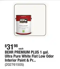 The Home Depot BEHR PREMIUM PLUS 1 gal. Ultra Pure White Flat Low Odor Interior Paint & Primer offer