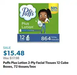 Sam's Club Puffs Plus Lotion 2-Ply Facial Tissues 12 Cube Boxes, 72 tissues/box offer