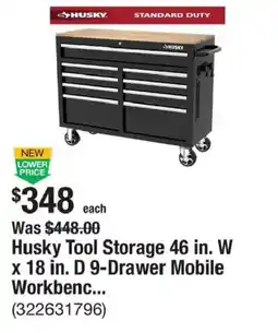 The Home Depot Husky Tool Storage 46 in. W x 18 in. D 9-Drawer Mobile Workbenc... offer