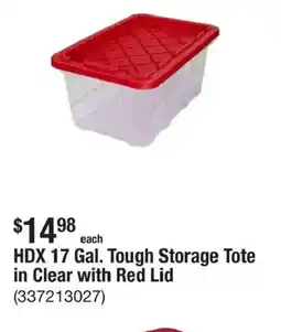 The Home Depot HDX 17 Gal. Tough Storage Tote in Clear with Red Lid offer