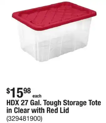 HDX 27 Gal. Tough Storage Tote in Clear with Red Lid