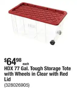The Home Depot HDX 77 Gal. Tough Storage Tote with Wheels in Clear with Red Lid offer