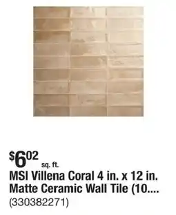 The Home Depot MSI Villena Coral 4 in. x 12 in. Matte Ceramic Wall Tile (10.... offer