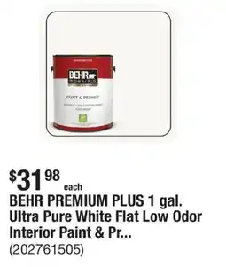 The Home Depot BEHR PREMIUM PLUS 1 gal. Ultra Pure White Flat Low Odor Interior Paint & Pr... offer