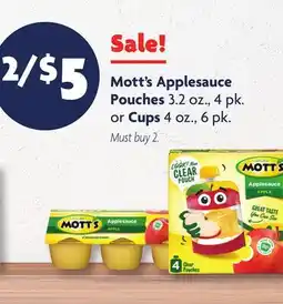 Family Dollar Mott's Applesauce Pouches 3.2 oz., 4 pk. or Cups 4 oz., 6 pk offer