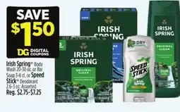 Dollar General Irish Spring Body Wash 20-30 oz. or Bar Soap 3-8 ct. or Speed Stick Deodorant 2.6-3 oz offer