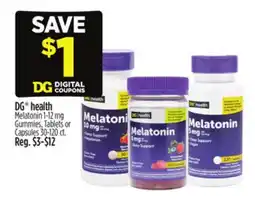 Dollar General DG health Melatonin 1-12 mg Gummies, Tablets or Capsules offer