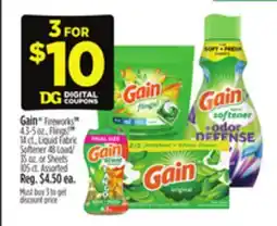 Dollar General Gain Fireworks , Flings! , Liquid Fabric Softener or Sheets offer