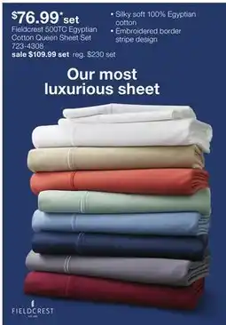 JC Penney Fieldcrest 500TC Egyptian Cotton Queen Sheet Set offer