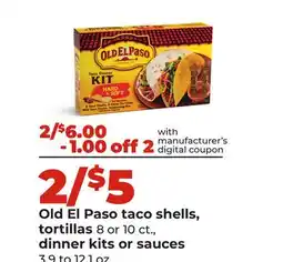 Hy-Vee Old El Paso taco shells, tortillas 8 or 10 ct., dinner kits or sauces 3.9 to 12.1 oz offer