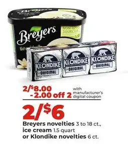 Hy-Vee Breyers novelties 3 to 18 ct., ice cream 1.5 quart or Klondike novelties 6 ct offer