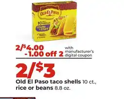 Hy-Vee Old El Paso taco shells 10 ct., rice or beans 8.8 oz offer