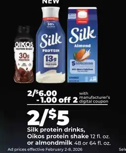 Hy-Vee Silk protein drinks, Oikos protein shake 12 fl. oz. or almondmilk 48 or 64 fl. oz offer