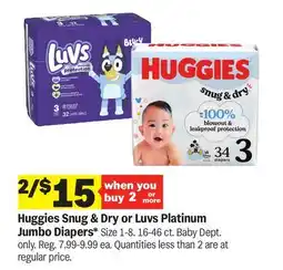 Meijer Huggies Snug & Dry or Luvs Platinum Jumbo Diapers offer