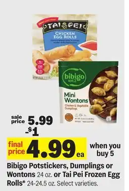Meijer Bibigo Potstickers, Dumplings or Wontons 24 oz. or Tai Pei Frozen Egg Rolls* 24-24.5 oz offer