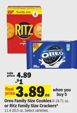 Meijer Oreo Family Size Cookies 8-18.71 oz. or Ritz Family Size Crackers* 11.4-20.5 oz offer