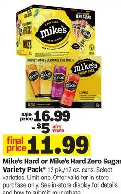 Meijer Mike's Hard or Mike's Hard Zero Sugar Variety Pack offer