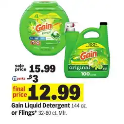 Meijer Gain Liquid Detergent 144 oz. or Flings* 32-60 ct offer