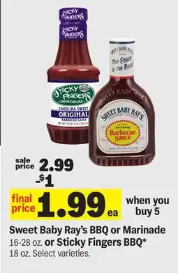 Meijer Sweet Baby Ray's BBQ or Marinade 16-28 oz. or Sticky Fingers BBQ 18 oz offer