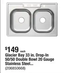 The Home Depot Glacier Bay 33 in. Drop-In 50/50 Double Bowl 20 Gauge Stainless Steel Kitchen Sink offer
