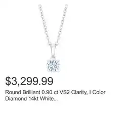 Costco Round Brilliant 0.90 ct VS2 Clarity, I Color Diamond 14kt White Gold Solitaire Pendant offer