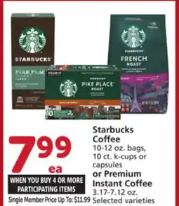 Vons Starbucks Coffee 10-12 oz. bags, 10 ct. k-cups or capsules or Premium Instant Coffee 3.17-7.12 oz offer