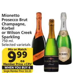 Vons Mionetto Prosecco Brut Champagne, Korbel or Wilson Creek Sparkling offer