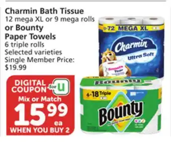 Vons Charmin Bath Tissue 12 mega XL or 9 mega rolls or Bounty Paper Towels 6 triple rolls offer