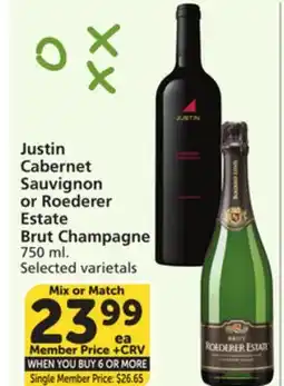 Vons Justin Cabernet Sauvignon or Roederer Estate Brut Champagne offer