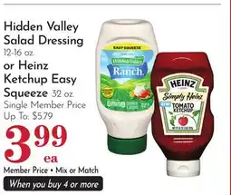 Pavilions Hidden Valley Salad Dressing 12-16 oz. or Heinz Ketchup Easy Squeeze 32 oz offer