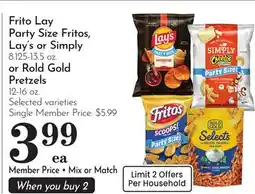 Pavilions Frito Lay Party Size Fritos, Lay's or Simply 8.125-13.5 oz. or Rold Gold Pretzels 12-16 oz offer