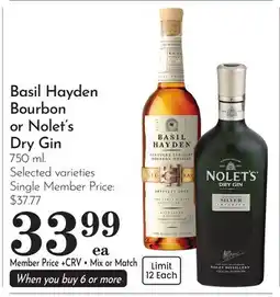 Pavilions Basil Hayden Bourbon or Nolet's Dry Gin offer