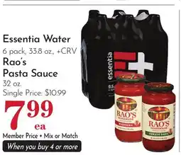 Pavilions Essentia Water 6 pack, 33.8 oz. Rao's Pasta Sauce 32 oz offer