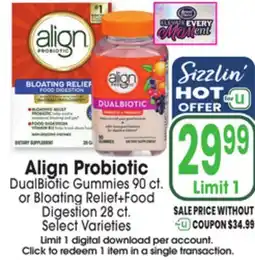 Jewel-Osco Align Probiotic DualBiotic Gummies 90 ct. or Bloating Relief+Food Digestion 28 ct offer