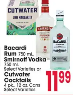 Jewel-Osco Bacardi Rum 750 ml., Smirnoff Vodka 750 ml. or Cutwater Cocktails 4 pk., 12 oz. Cans offer