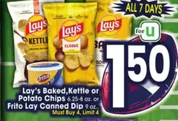 Jewel-Osco Lay's Baked, Kettle or Potato Chips 6.25-8 oz. or Frito Lay Canned Dip 9 oz offer