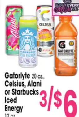 Jewel-Osco Gatorlyte 20 oz., Celsius, Alani or Starbucks Iced Energy 12 oz offer