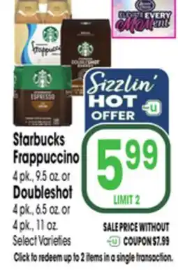 Jewel-Osco Starbucks Frappuccino 4 pk., 9.5 oz. or Doubleshot 4 pk., 6.5 oz. or 4 pk., 11 oz offer