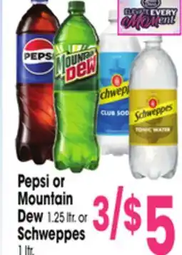 Jewel-Osco Pepsi or Mountain Dew 1.25 ltr. or Schweppes 1 ltr offer
