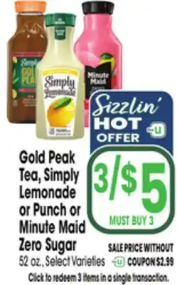 Jewel-Osco Gold Peak Tea, Simply Lemonade or Punch or Minute Maid Zero Sugar offer