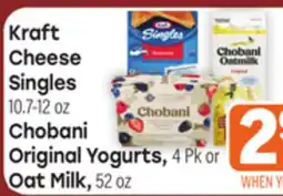 Tony’s Fresh Market Kraft Cheese Singles 10.7-12 oz, Chobani Original Yogurts, 4Pk or Oat Milk, 52oz offer