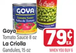 Tony’s Fresh Market Goya Tomato Sauce 8oz, La Criolla Gandules, 15oz offer